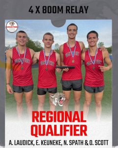 The boys 4x800 meter relay team highlighted the evening for the Cougars by securing a third-place finish to advance to the regional meet with a time of 8:14.99. The team is made up of Andrew Laudick, Evan Keuneke, Noah Spath and Owen Scott. (Photo Submitted)