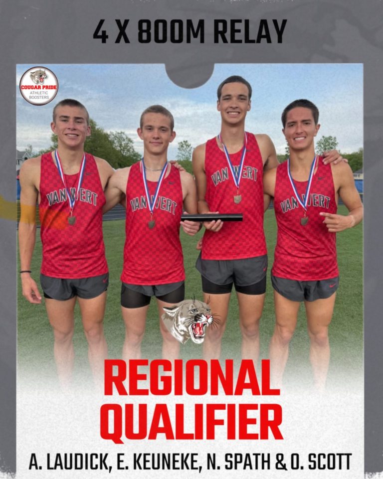 The boys 4x800 meter relay team highlighted the evening for the Cougars by securing a third-place finish to advance to the regional meet with a time of 8:14.99. The team is made up of Andrew Laudick, Evan Keuneke, Noah Spath and Owen Scott. (Photo Submitted)