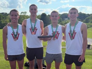 The Van Wert boys 4x800 meter relay team — Andrew Laudick, Evan Keuneke, Noah Spath and Owen Scott — stole the spotlight Thursday evening at the Division II Regional Meet in Lexington, shattering the school record with a time of 7:54.14 to earn a trip to the state meet. (Photo Submitted)