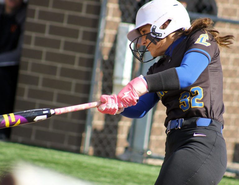 Lincolnview junior #32 Lainey Spear sends a single into left field to lead off the fourth inning during Friday’s 4-3 district final loss to Minster. (CherryRoad Media/Brandon Unverferth)