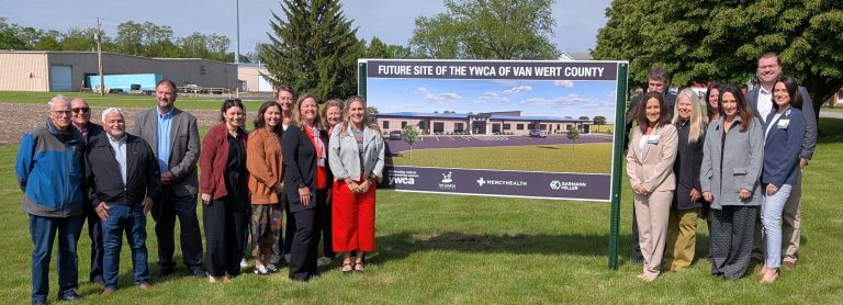 Members of the Marsh Foundation board of trustees join with representatives of the Van Wert YWCA and Mercy Health-Lima to kick off the capital campaign for the YWCA’s new home across from the Marsh Foundation. (Sam Shriver/CherryRoad Media)