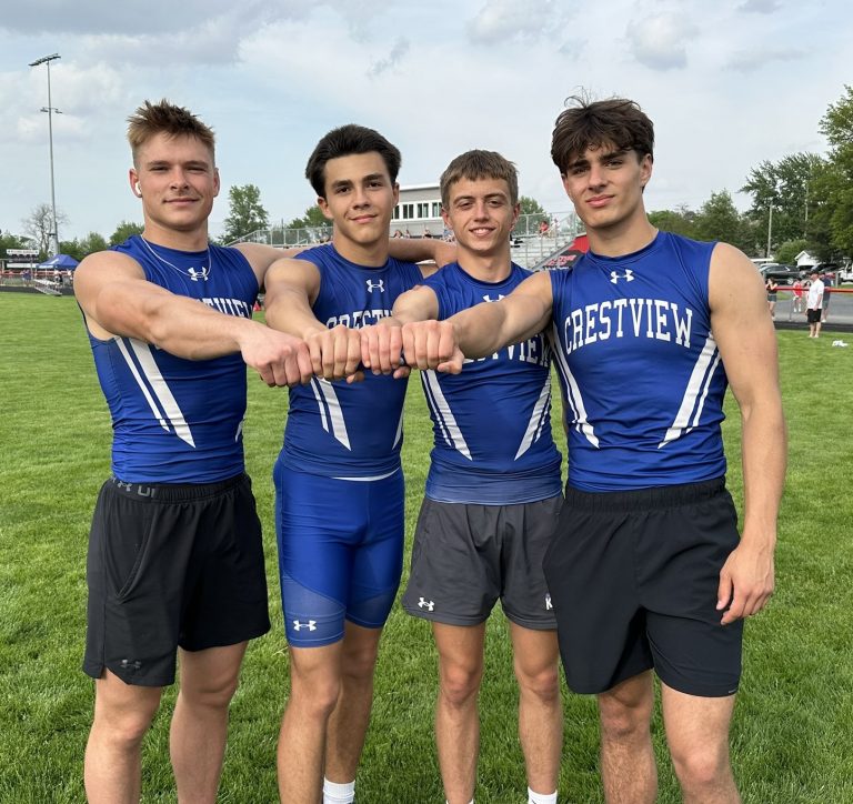 The Crestview boys 4x200 meter relay team poses after breaking the school record at the Northwest Conference (NWC) meet earlier this season with a time of 1:32.00. They went on to break their own record at regionals, clocking in at 1:30.92. Relay members are Liam Putman, Braxton Leeth, Drayden Hoffman and Brentyn Rodriguez. (Photo Submitted)