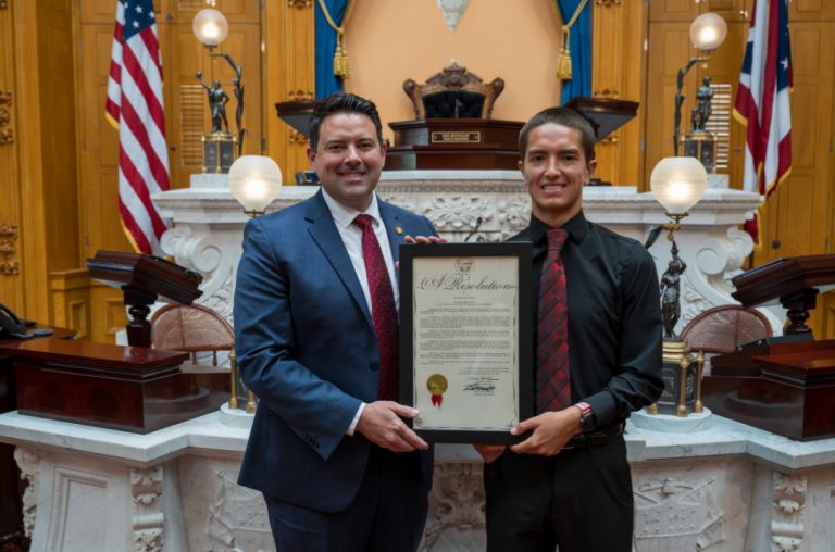 Senate President Rob McColley (R-Napoleon) honored Owen Scott from Van Wert High School, the Division II State Track and Field Champion in the 1600-meter run. (Photo Submitted)