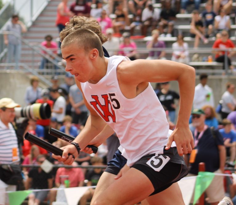 Van Wert’s Andrew Laudick powers down the track during the 4x800 relay. The Van Wert boys 4x800 meter relay team finished 12th overall with a time of 8:12.64. (CherryRoad Media/Brandon Unverferth)
