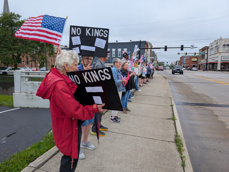 Protesters lined Washington Street for the "No Kings" protest on Saturday.