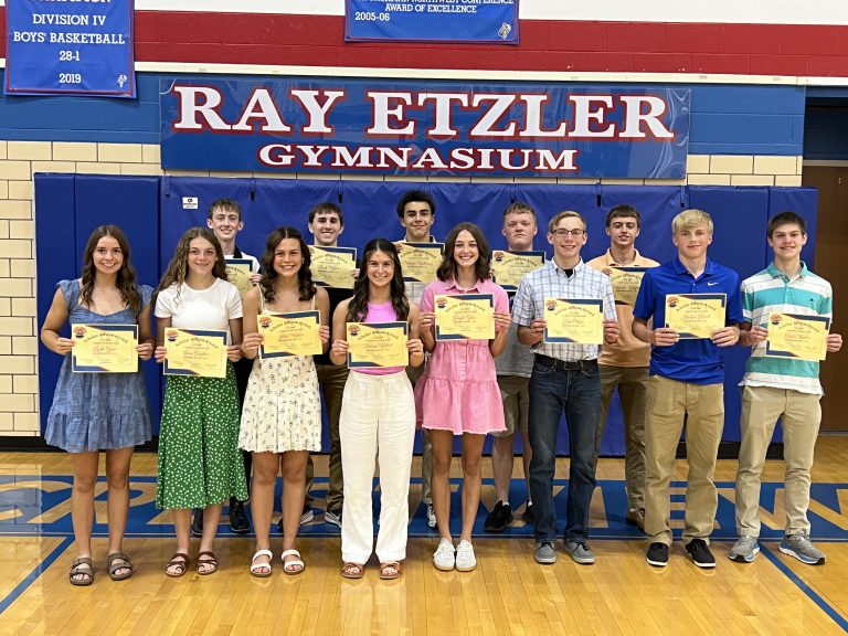 Crestview track and field athletes were recognized with NWC Scholar-Athlete honors during the program’s annual awards ceremony. Those honored include (front) Lydia Grace, Anna Gardner, Jetta Merkle, Delanie Balliet, Graylie Grose, Ian Owens, Hudson Perrott and Caleb Thomas; and back, Derek Young, Noah Mosier, Brentyn Rodriguez, CJ Speelman and Drayden Hoffman. Absent: Emily Adams and Kale Vining. (Photo Submitted)