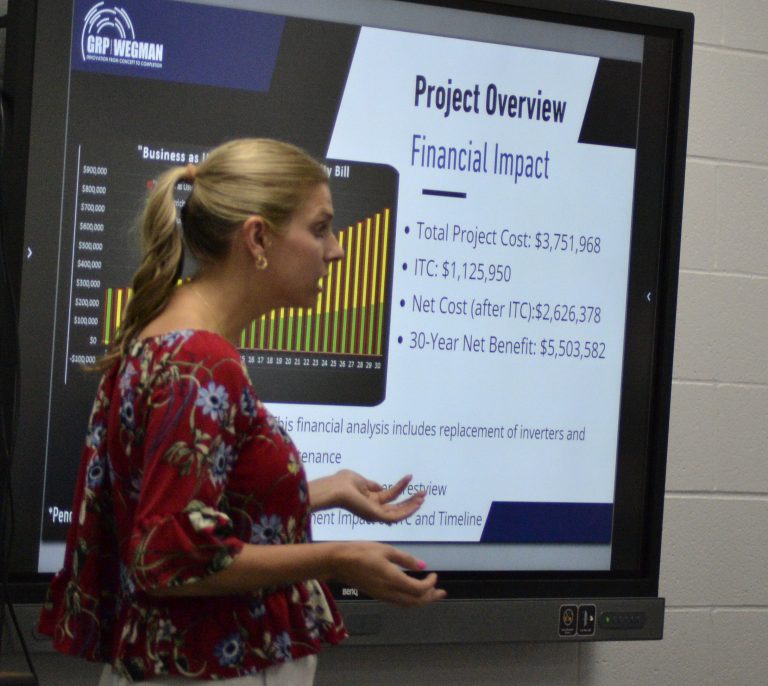 A Katelyn Caudill, account representative from GRP Wegman discussed a potential solar farm on Crestview Schools property. (Sam Shriver/CherryRoad Media)