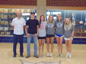 Members of the Lincolnview Track program were recognized at the July 16 Lincolnview BOE meeting. Pictured are from left to right: Matt Langdon (head coach), Cody Ricker, Brynleigh Moody, Annabel Horstman, Brooklyn Byrne and Keira Breese. (Sam Shriver/CherryRoad Media)