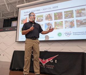 Chris Hughes, ODOT District 1 Deputy Director addresses a crowd at Vantage Career Center Monday night concerning three key projects planned for Van Wert County. (Sam Shriver/CherryRoad Media)