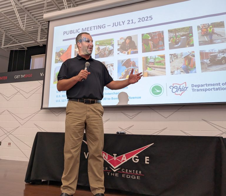 Chris Hughes, ODOT District 1 Deputy Director addresses a crowd at Vantage Career Center Monday night concerning three key projects planned for Van Wert County. (Sam Shriver/CherryRoad Media)