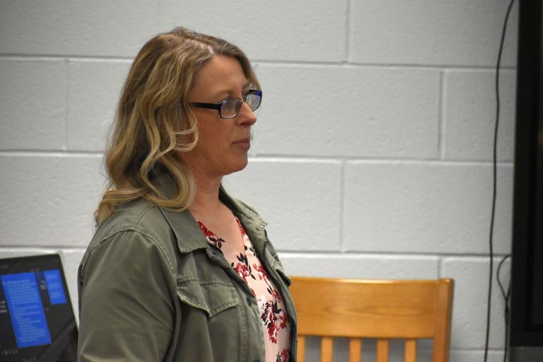 Crestview School district treasurer Ashley presented to the board of education her Five Year Financial Forecast at Monday night’s meeting. (Sam Shriver/CherryRoad Media)
